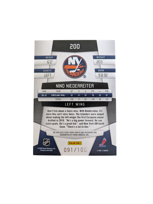 2010 Panini Freshman Fabric New York Islanders Nino Niederreiter /100 Auto Patch card