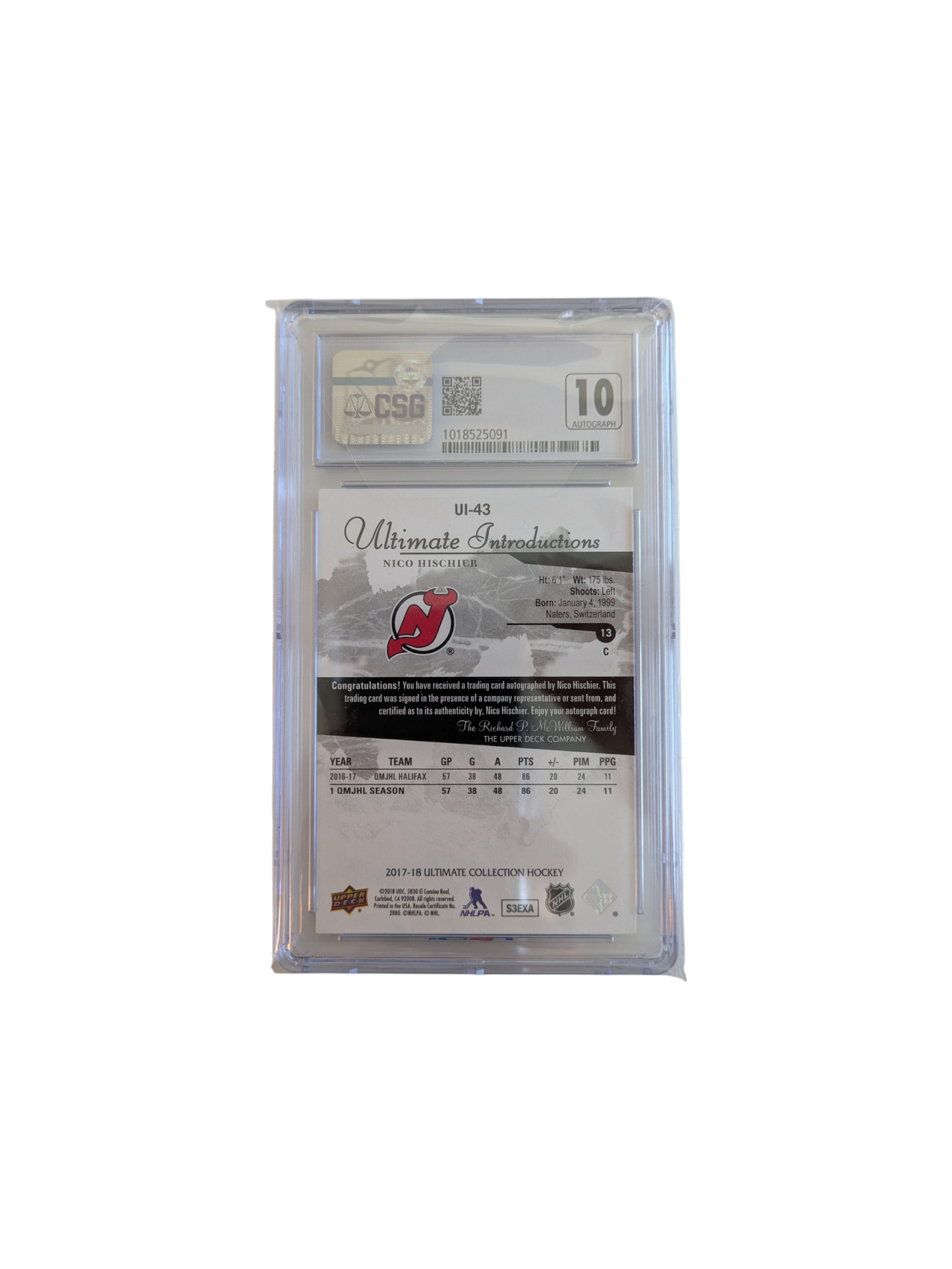 2017 Upper Deck Ultimate Collection Nico Hischier Gold Spectrum CSG Auto Card