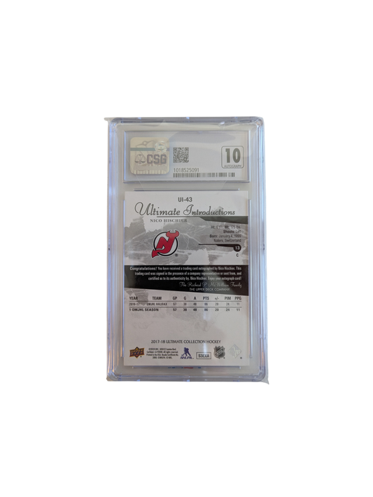 2017 Upper Deck Ultimate Collection Nico Hischier Gold Spectrum CSG Auto Card