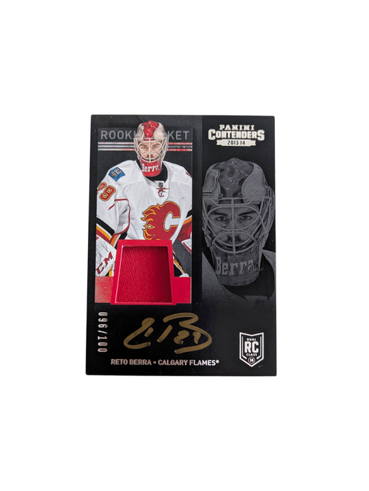 2014 Panini Contenders Calgary Flamers Reto Berra Auto & Patch 096/100 card
