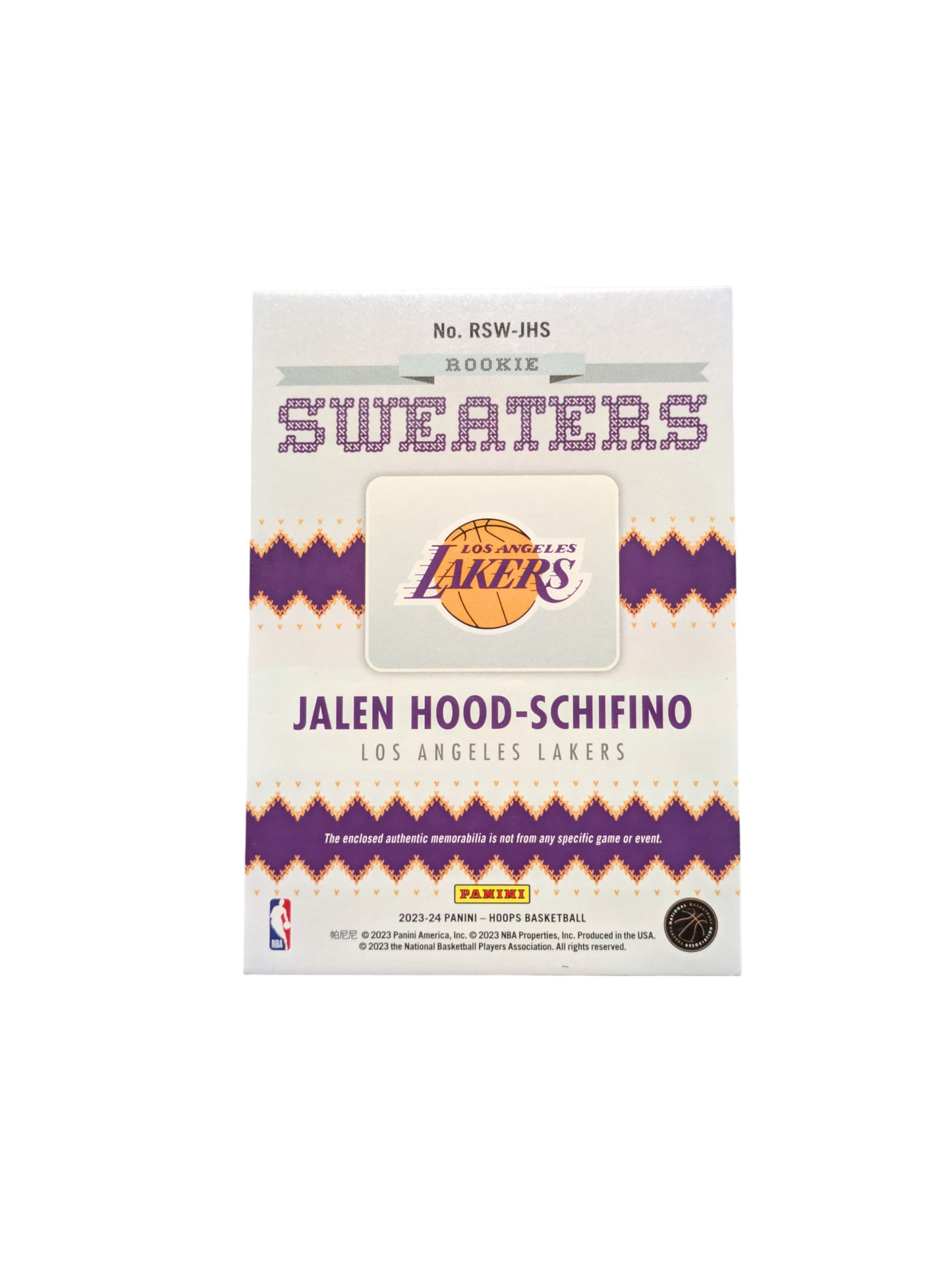 2023/24 Panini Rookie Sweaters Los Angeles Lakers Jalen Hood-Schifino Patch card