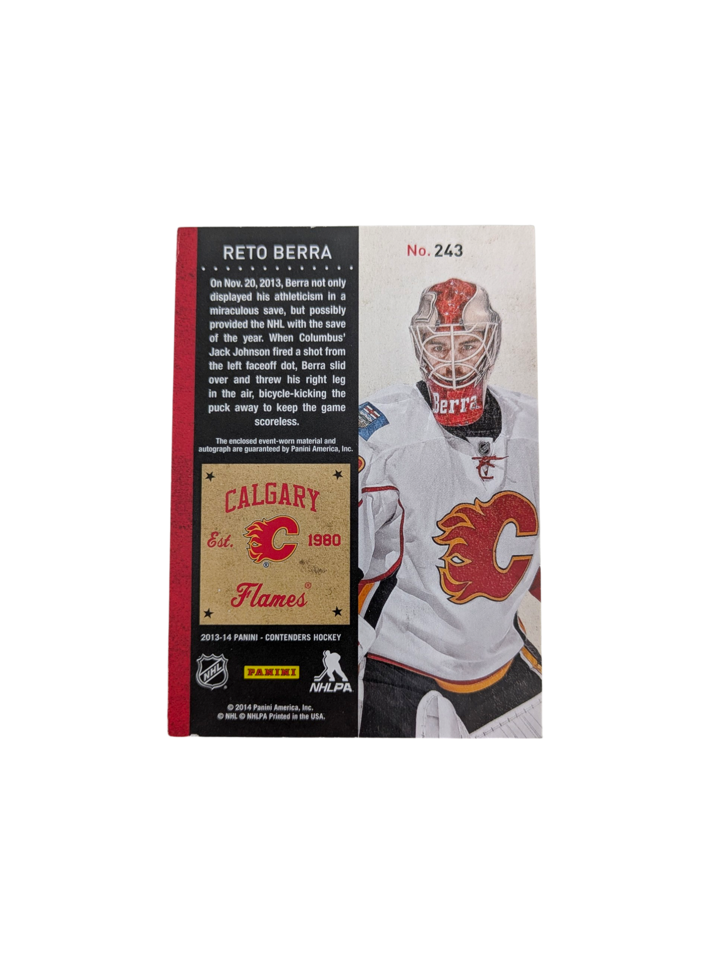 2014 Panini Contenders Calgary Flamers Reto Berra Auto & Patch 096/100 card