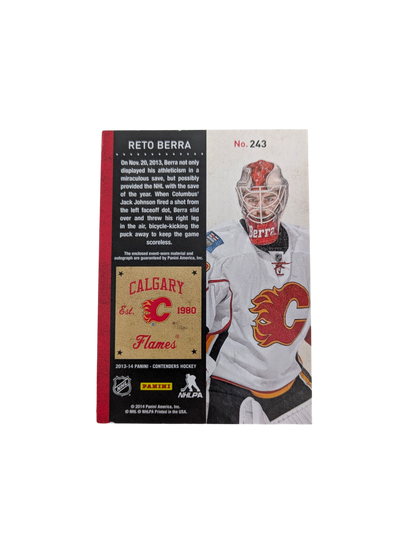 2014 Panini Contenders Calgary Flamers Reto Berra Auto & Patch 096/100 card