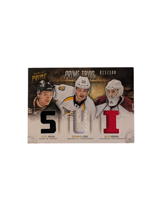 2013 Panini Prime Swiss Trios Ducks Sbisa Predators Josi & Avalanche Berra /100 Card