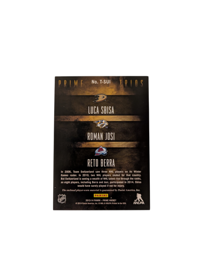 2013 Panini Prime Swiss Trios Ducks Sbisa Predators Josi & Avalanche Berra /100 Card