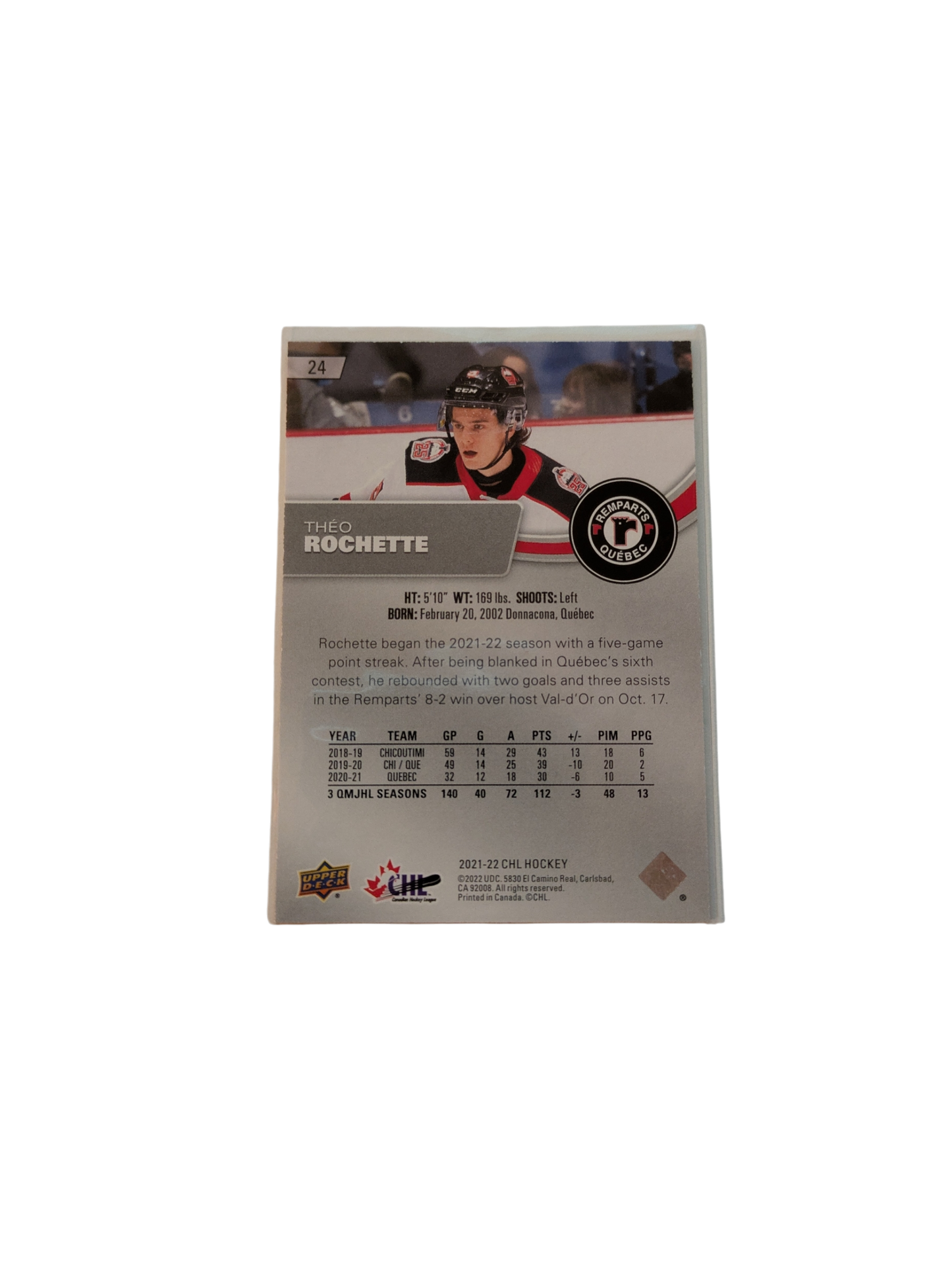 2021 Upper Deck Exclusives Quebec Remparts Theo Rochette 075/100 card