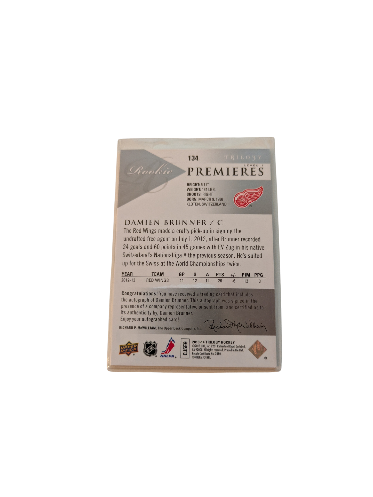 2013 Upper Deck Rookie Premieres Detroit Red Wings Damien Brunner /699 Auto card