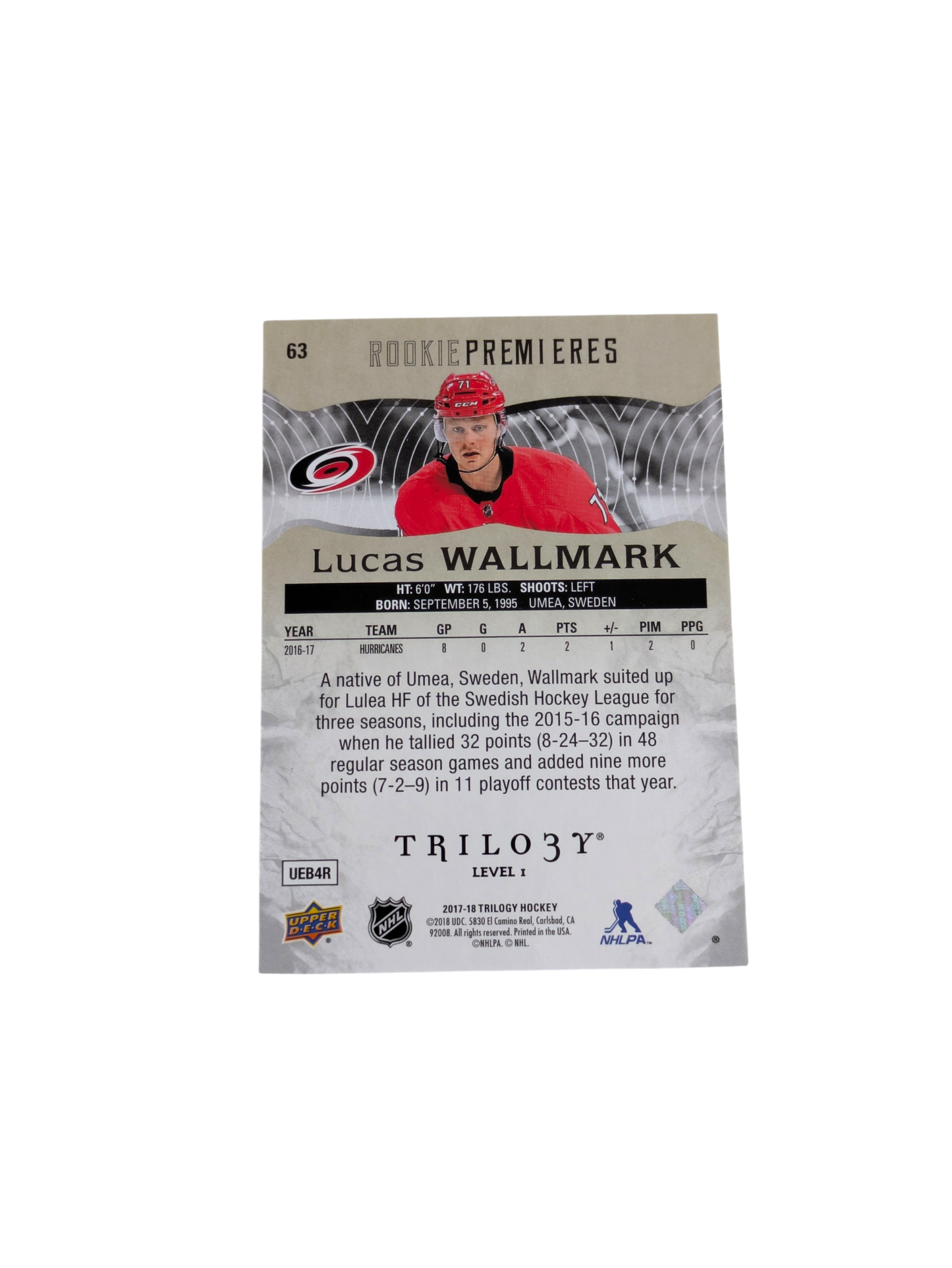 2017-18 Upper Deck Rookie Premieres Carolina Hurricanes Lucas Wallmark 351/999 card