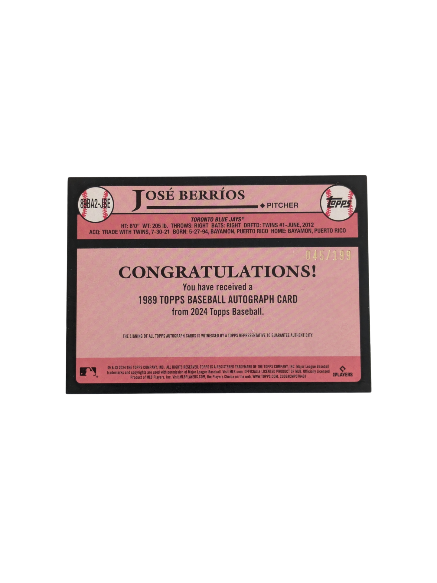 2024 Topps 35th Anniversary MLB Toronto Blue Jays José Berrios Auto card