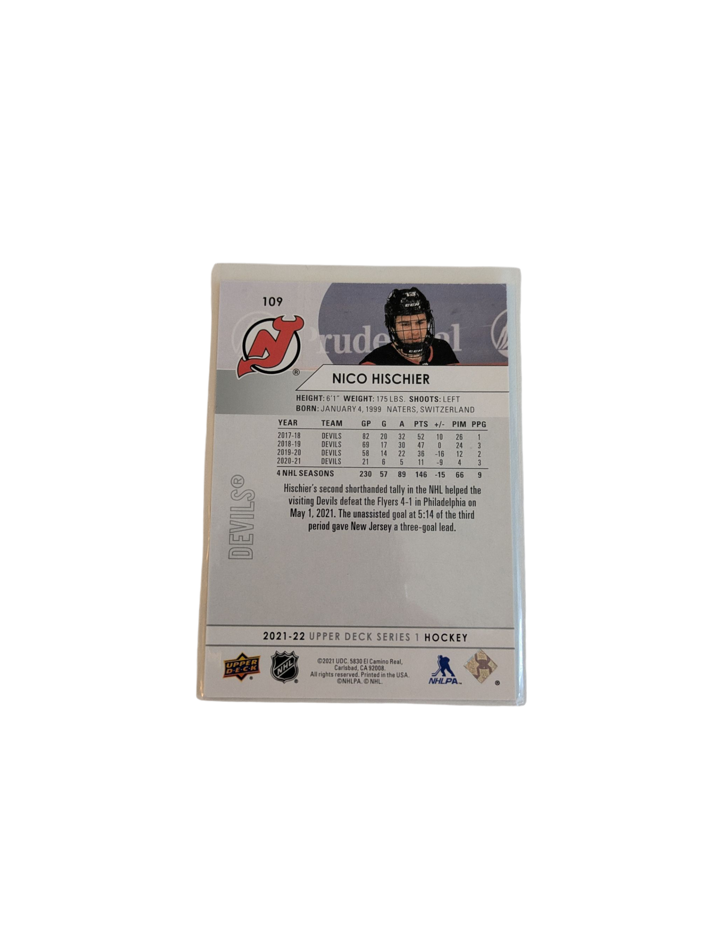 2021 Upper Deck Series 1 New Jersey Devils Nico Hischier #109 Card