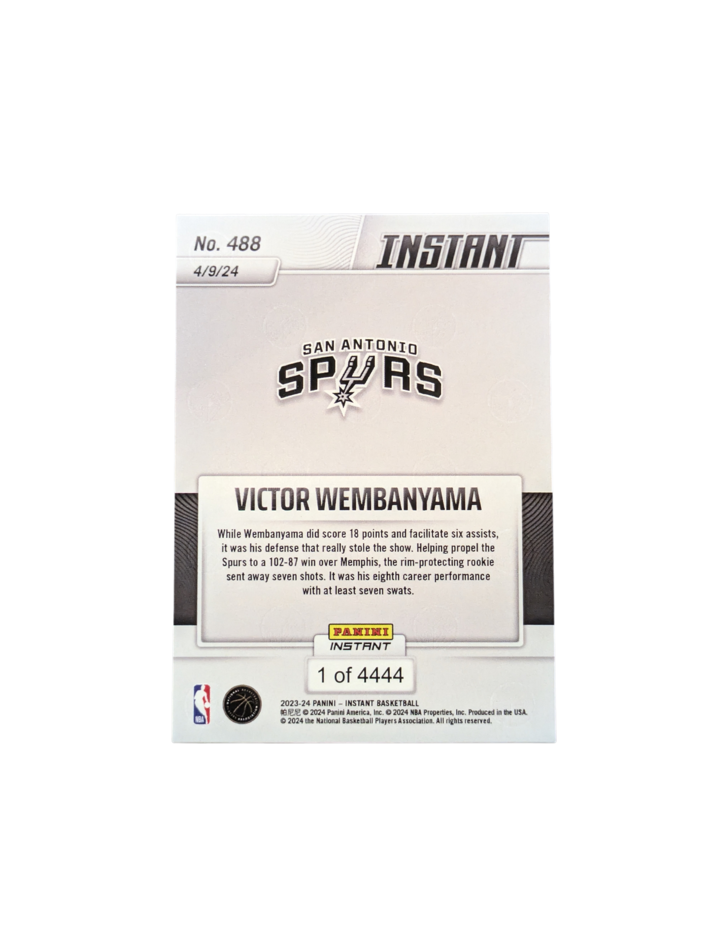2023/24 Panini Instant San Antonio Spurs Victor Wembanyama #488 1/4444 card