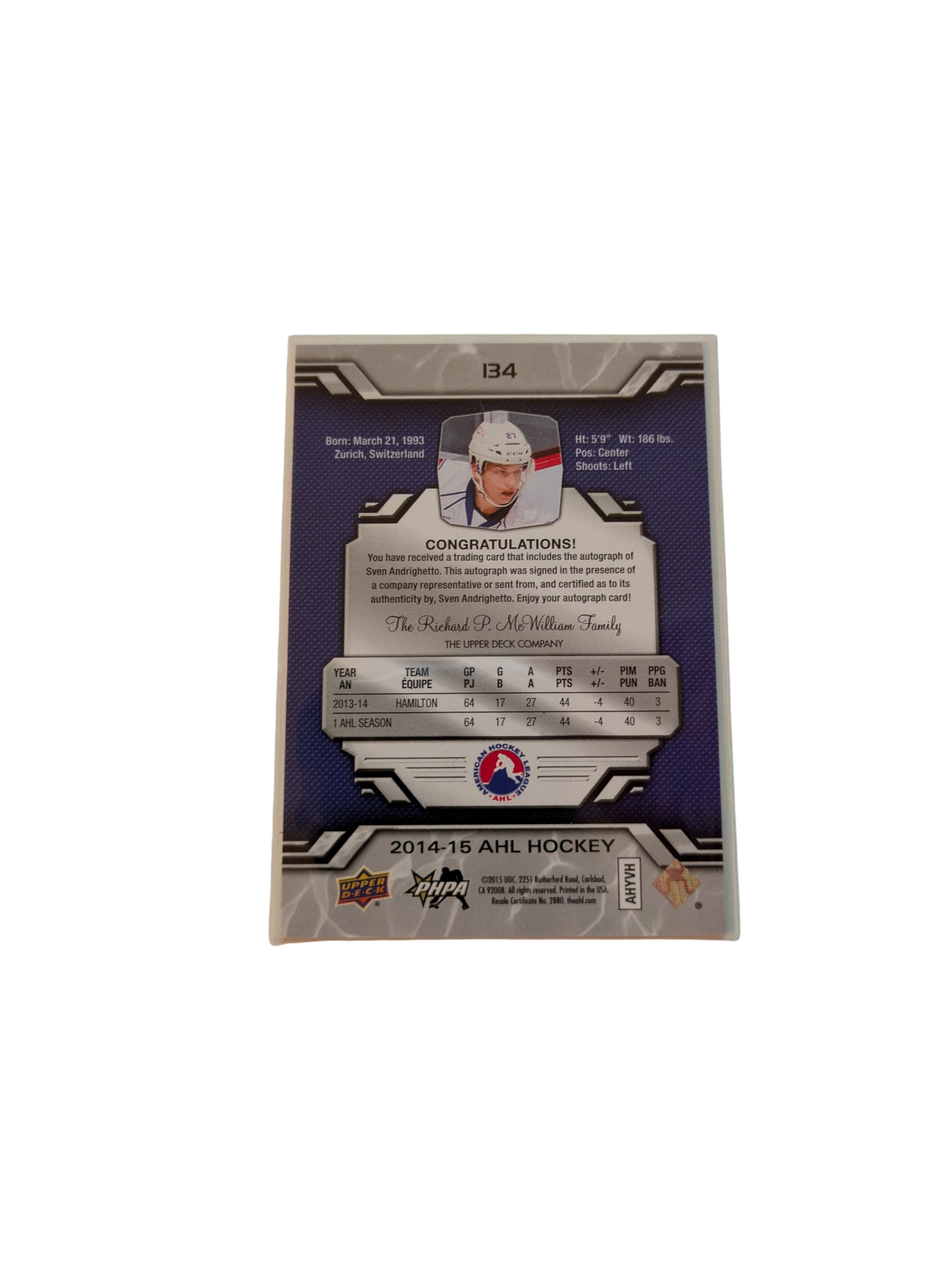 2015 Upper Deck AHL Hockey Hamilton Bulldogs Sven Andrighetto Auto Card