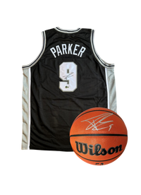 San Antonio Spurs Tony Parker NBA Signed Custom Jersey + Basketball Bundle