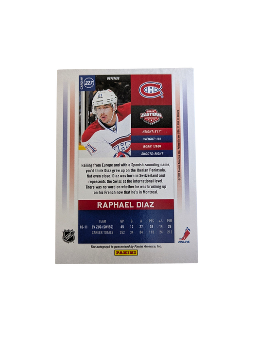 2011-12 Panini Contenders Montreal Canadiens Raphael Diaz /800 Auto card