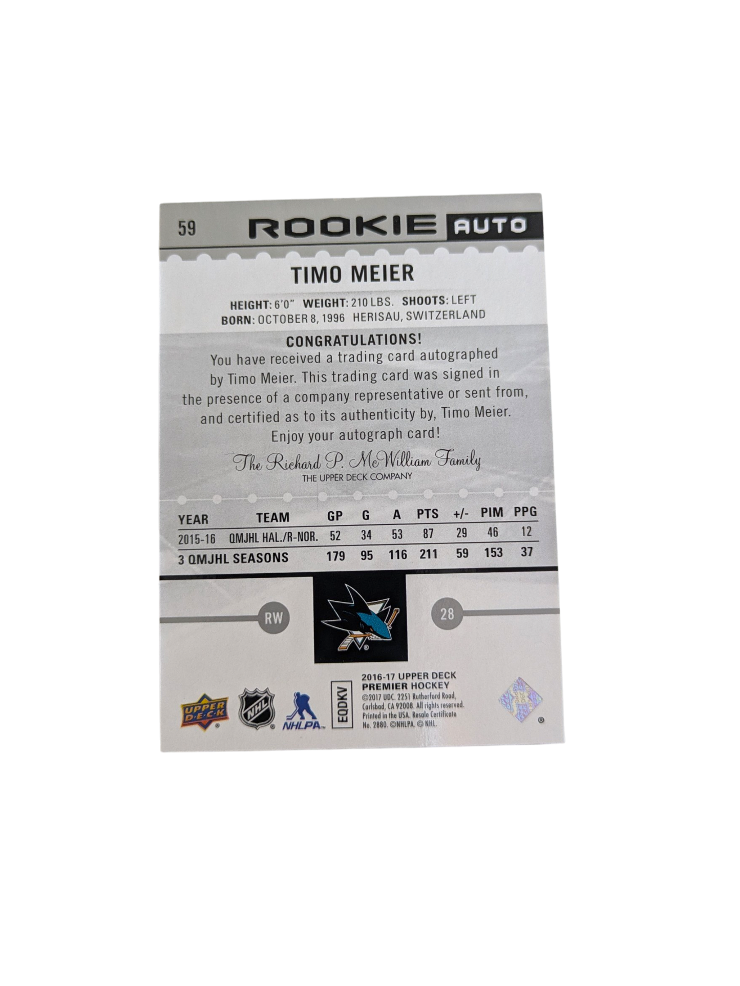 2016-17 Upper Deck Rookie Auto San Jose Sharks Timo Meier /399 Auto Card