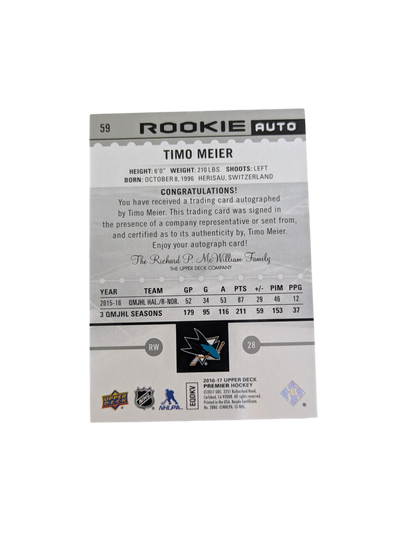 2016-17 Upper Deck Rookie Auto San Jose Sharks Timo Meier /399 Auto Card