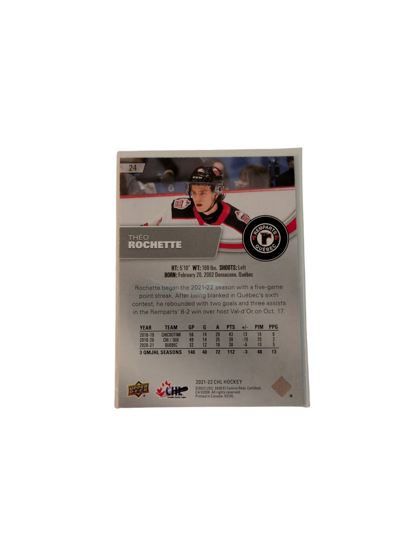 2021 Upper Deck Exclusives Quebec Remparts Theo Rochette 047/100 card