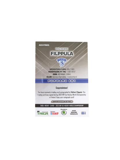2022 Taiga Hockey Cards Finland Suomi Valtteri Filppula Auto 1/5 card
