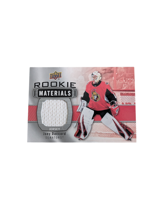 2019-20 Upper Deck Rookie Materials Ottawa Senators Joey Daccord White Patch card