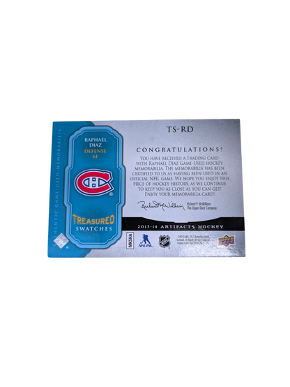 2013 Upper Deck Artifacts Treasured Swatches Montreal Canadiens Raphael Diaz Patch card