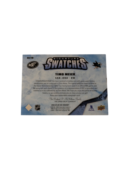 2022 Upper Deck Signature Swatches San Jose Shark Timo Meier Auto Card