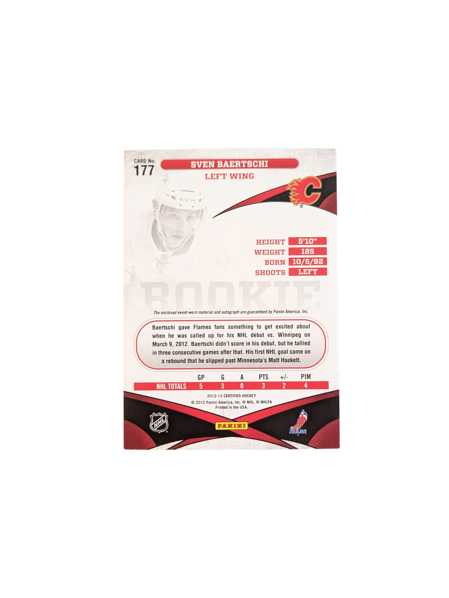 2013 Panini Certified Calgary Flames Sven Baertschi Auto & Patch Rookie card