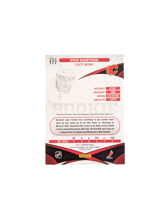 2013 Panini Certified Calgary Flames Sven Baertschi Auto & Patch Rookie card