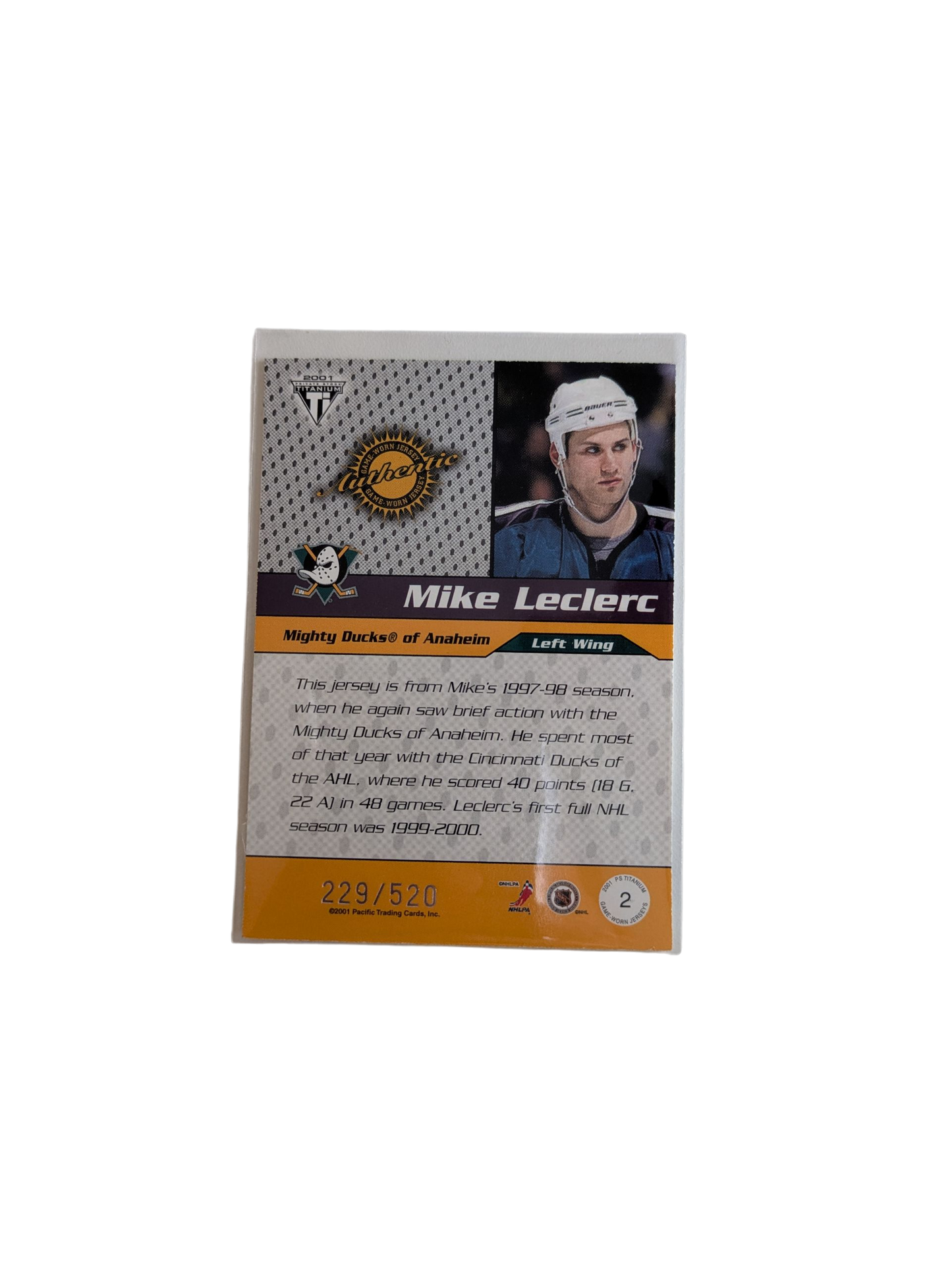 2002 Pacific Mighty Ducks of Anaheim Mike Leclerc Patch Card