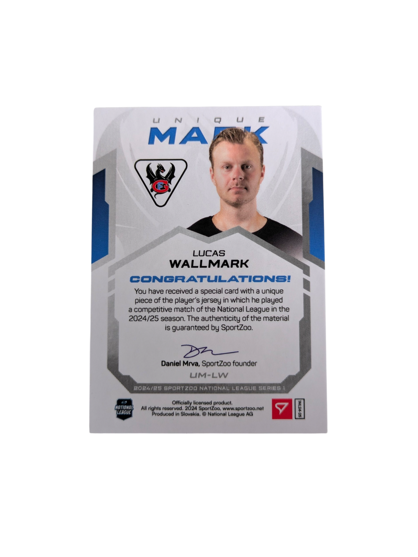 2024 SportZoo National League Fribourg Gotteron Lucas Wallmark Number Patch 6/6 card