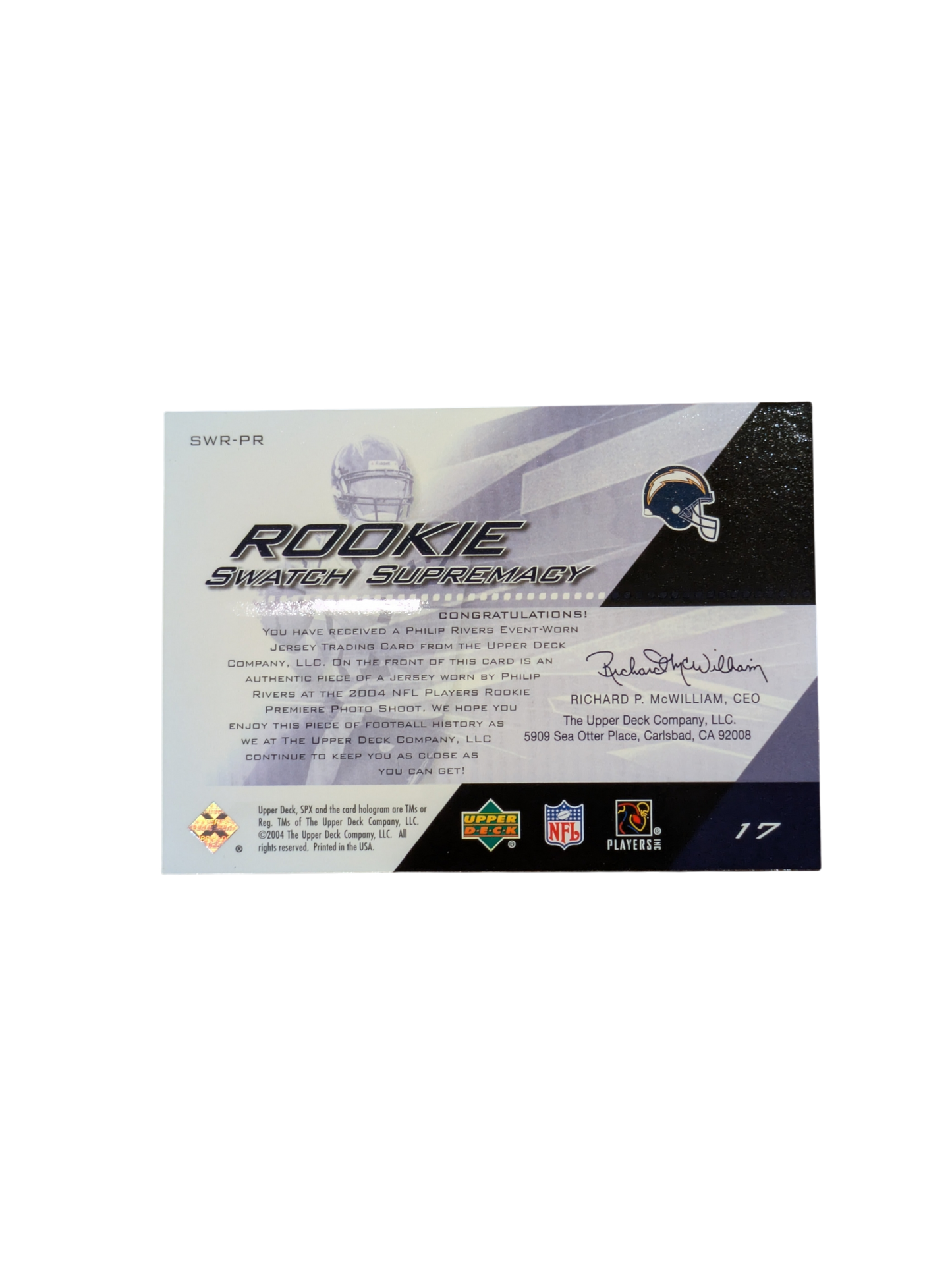 2004 Upper Deck Rookie Swatch Supremacy San Diego Charges Philip Rivers  Game Worn Patch card