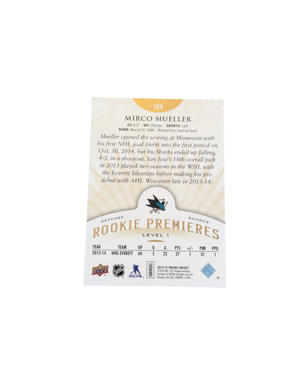 2014 Upper Deck Rookie Premiers San Jose Sharks Mirco Mueller 128/799 card