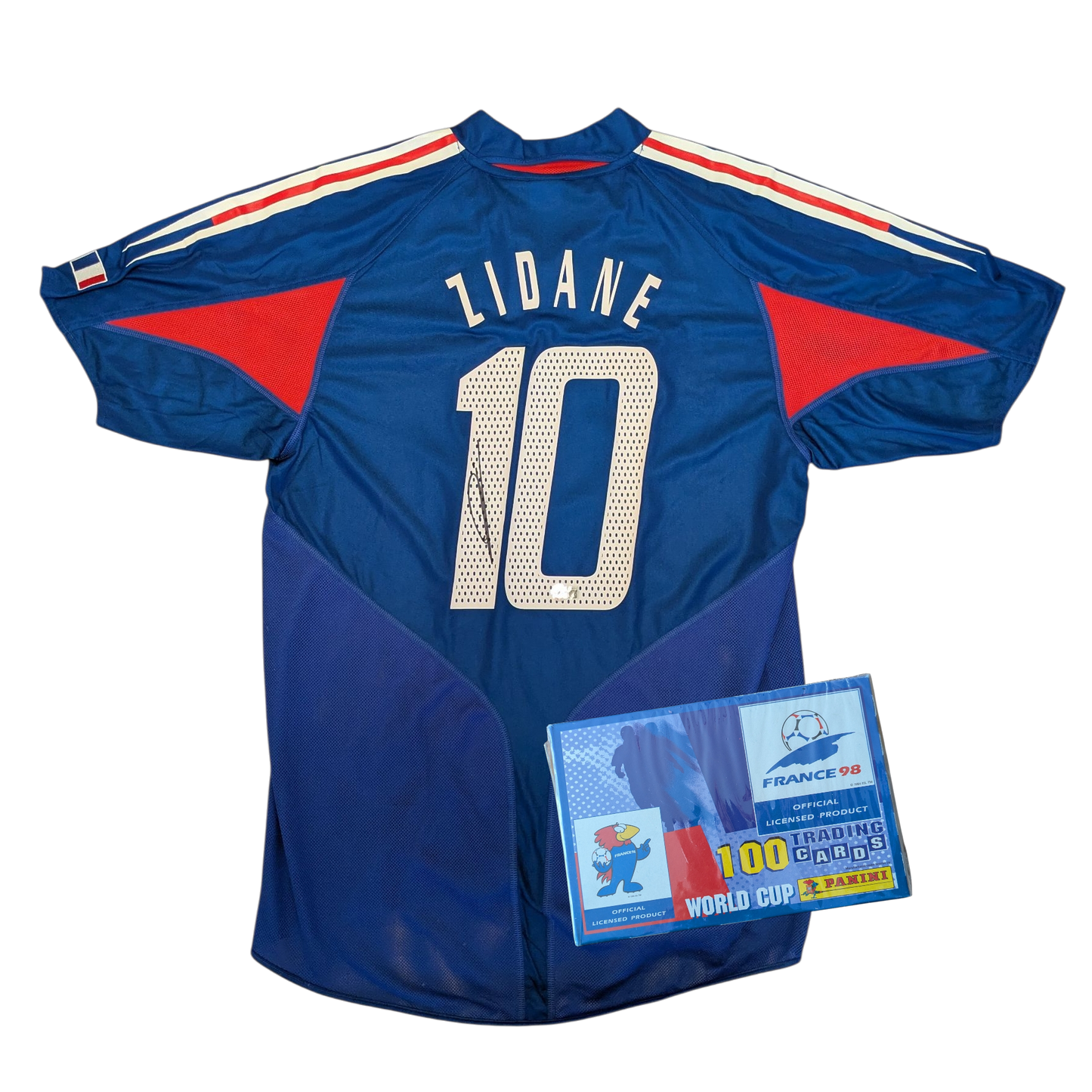 Zinedine Zidane signed Jersey + 1998 World Cup France 98 Trading Cards Box