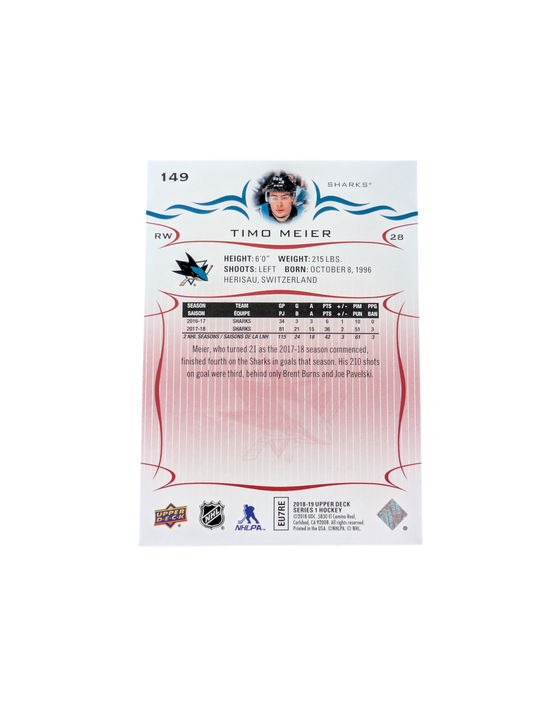 2018 Upper Deck Signature San Jose Shark Timo Meier #149 013/100 card