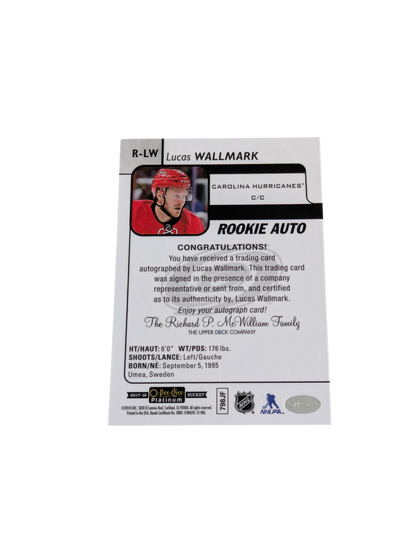 2018 Upper Deck O-Pee-Chee Platnium Carolina Hurricanes Lucas Wallmark Rookie Auto card