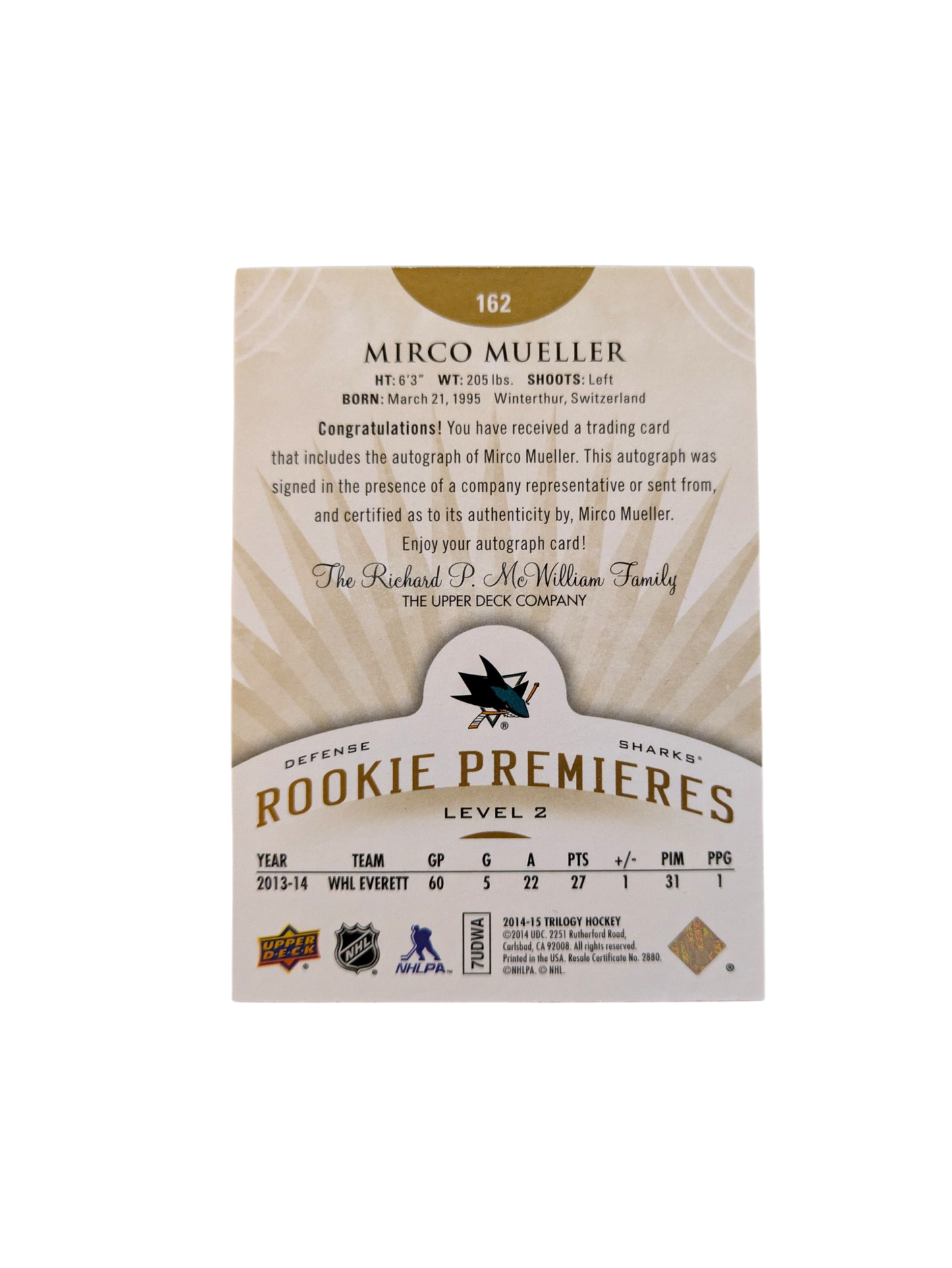 2014 Upper Deck Rookie Premiers San Jose Sharks Mirco Mueller /399 Auto Card