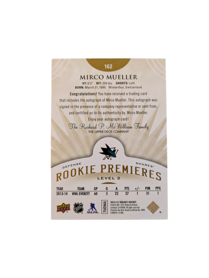 2014 Upper Deck Rookie Premiers San Jose Sharks Mirco Mueller /399 Auto Card