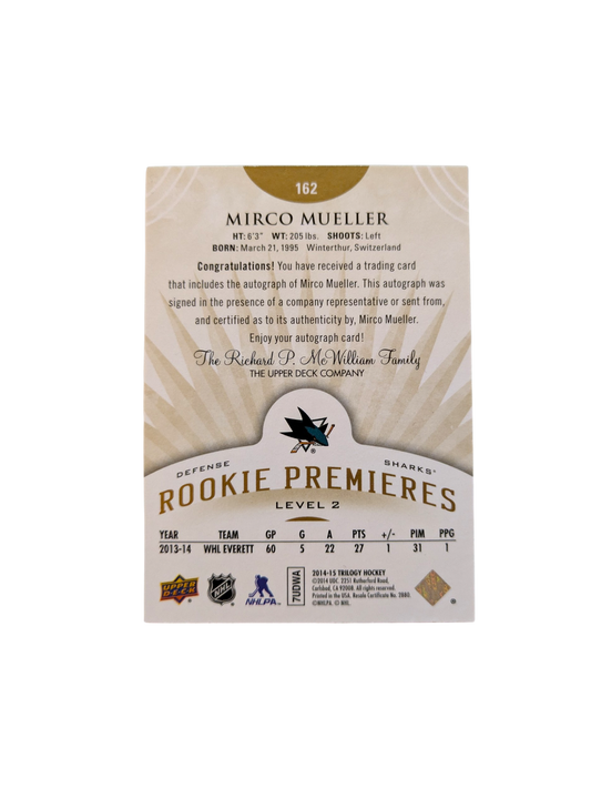 2014 Upper Deck Rookie Premiers San Jose Sharks Mirco Mueller /399 Auto Card