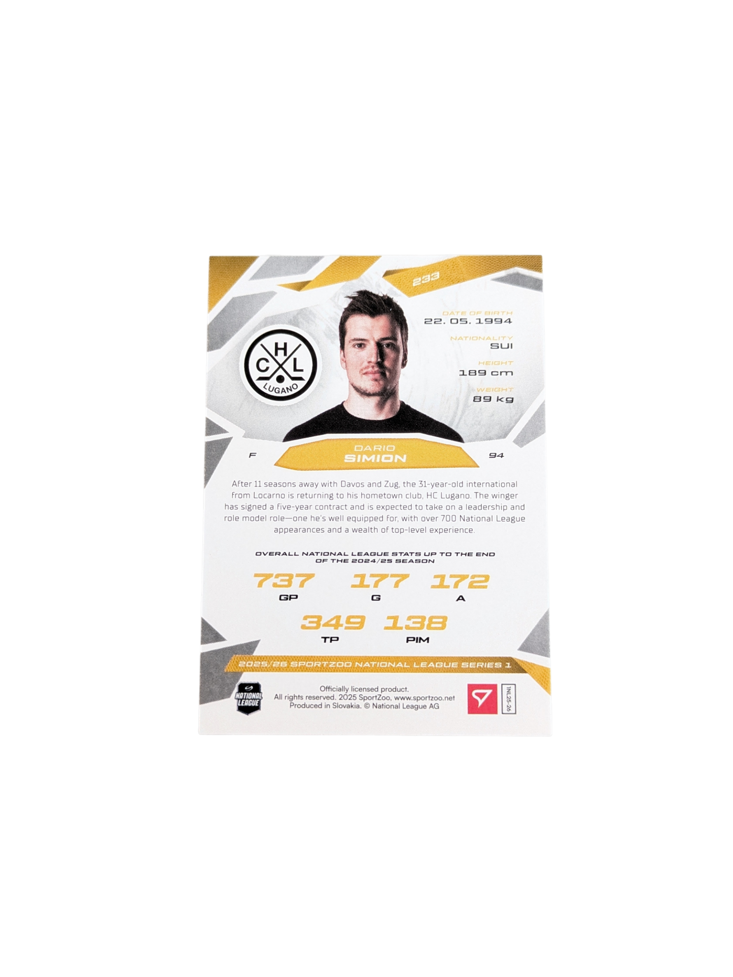2026 SportZoo National League Lugano Dario Simion 16/30 card