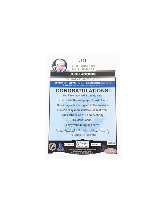 2016 Upper Deck O Pee Chee Platinum Calgary Flames Josh Jooris Auto card
