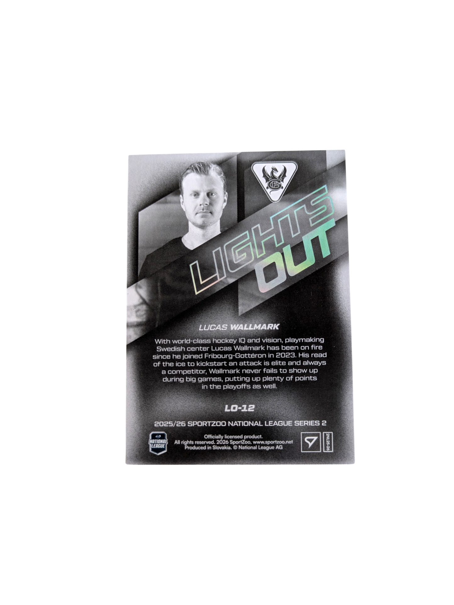 2025-26 SportZoo National League Fribourg-Gottéron Lucas Wallmark Lights Out card