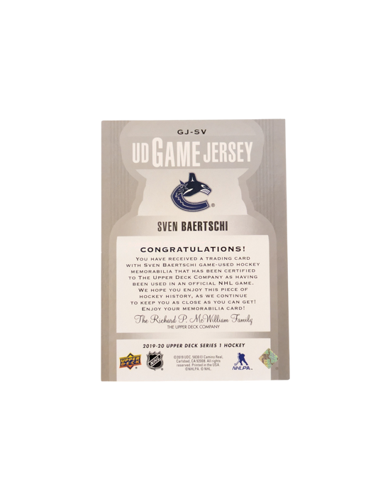 2019 Upper Deck UD Game Jersey NHL Vancouver Canucks Sven Baertschi Patch card