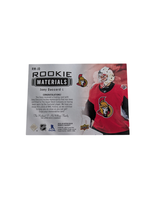 2019-20 Upper Deck Rookie Materials Ottawa Senators Joey Daccord Red Patch card