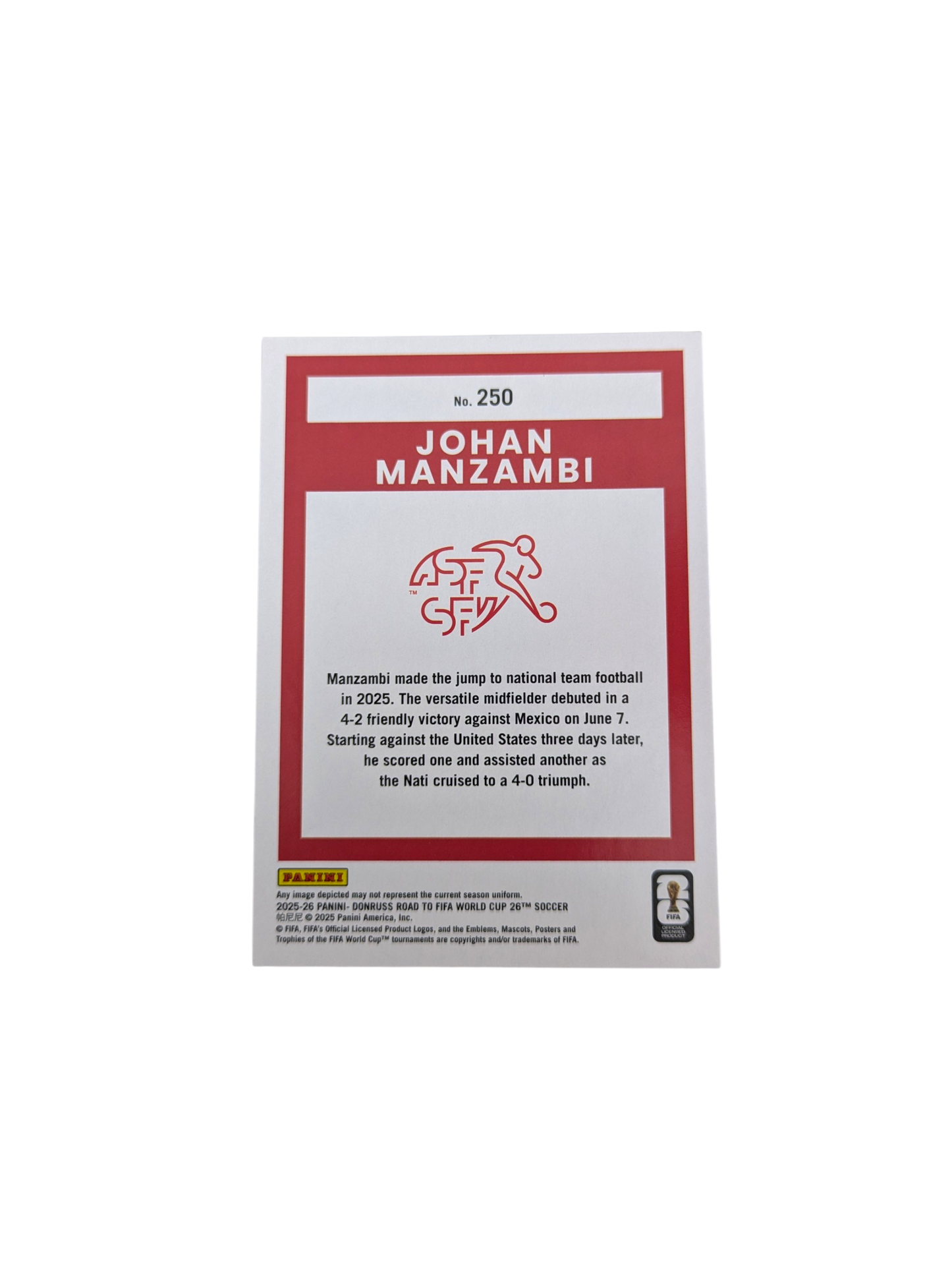 2025-26 Panini Donruss Road to World Cup Switzerland Johan Manzambi #250 Rookie card