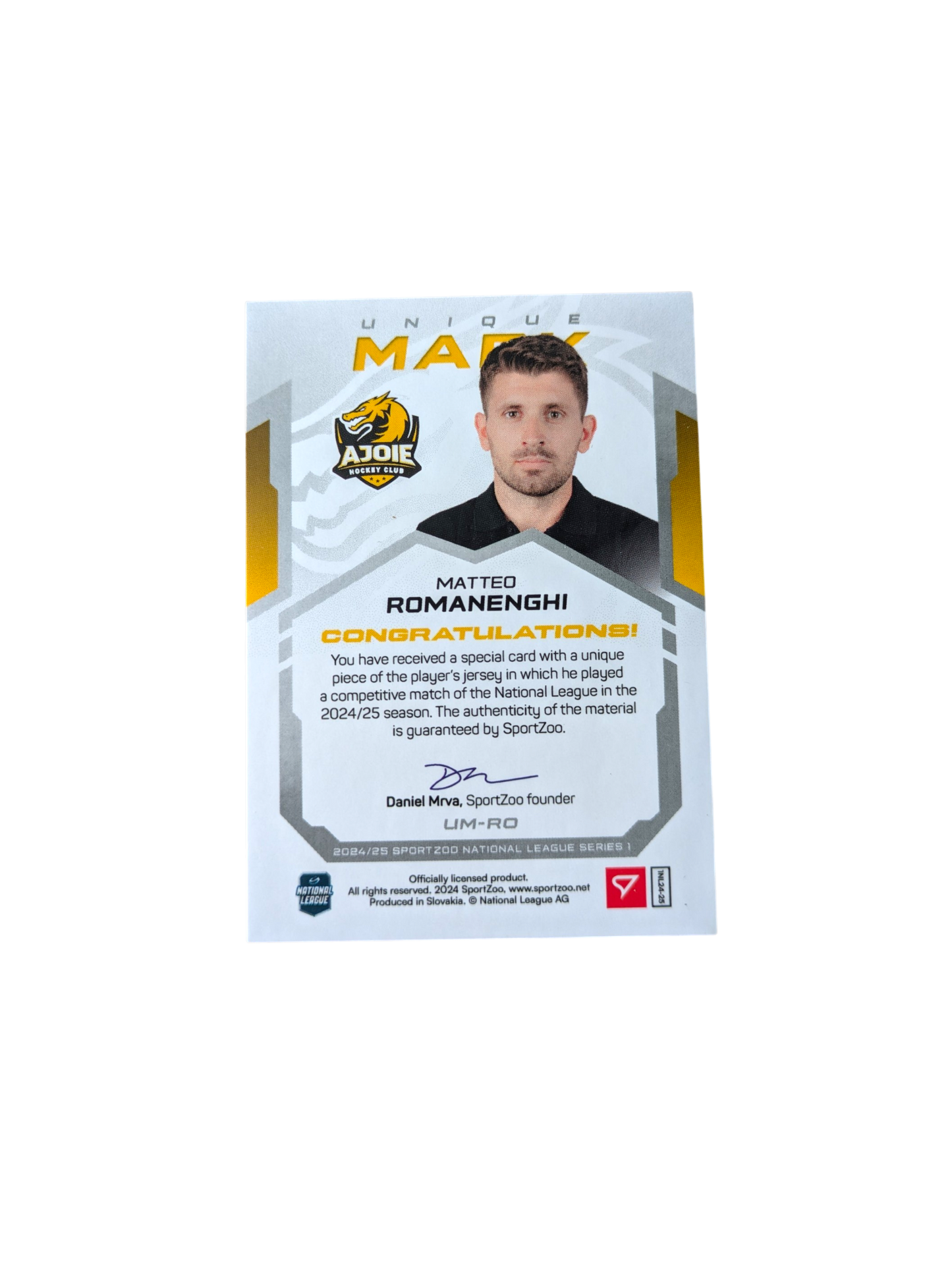 2024 SportZoo National League Ajoie HC Matteo Romanenghi Letter Patch 03/10 card