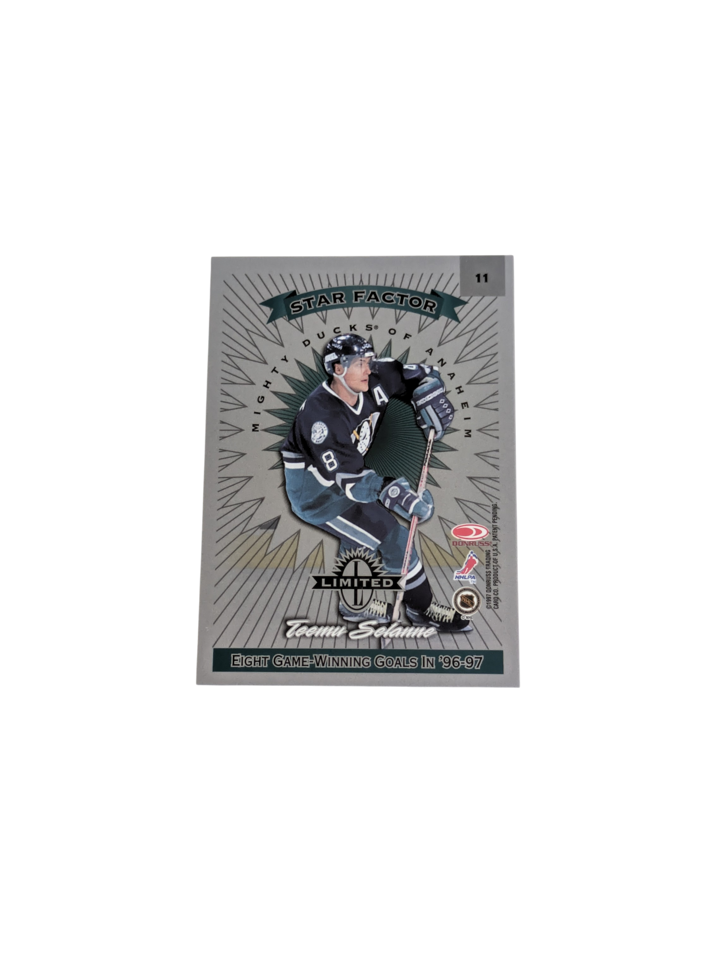 1997 Donruss Star Factor Limited NHL Anaheim Mighty Ducks Teemu Selanne card