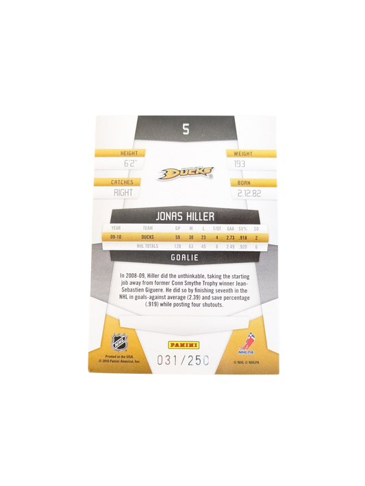 2010 Panini Platinum Anaheim Ducks Jonas Hiller 031/250 card