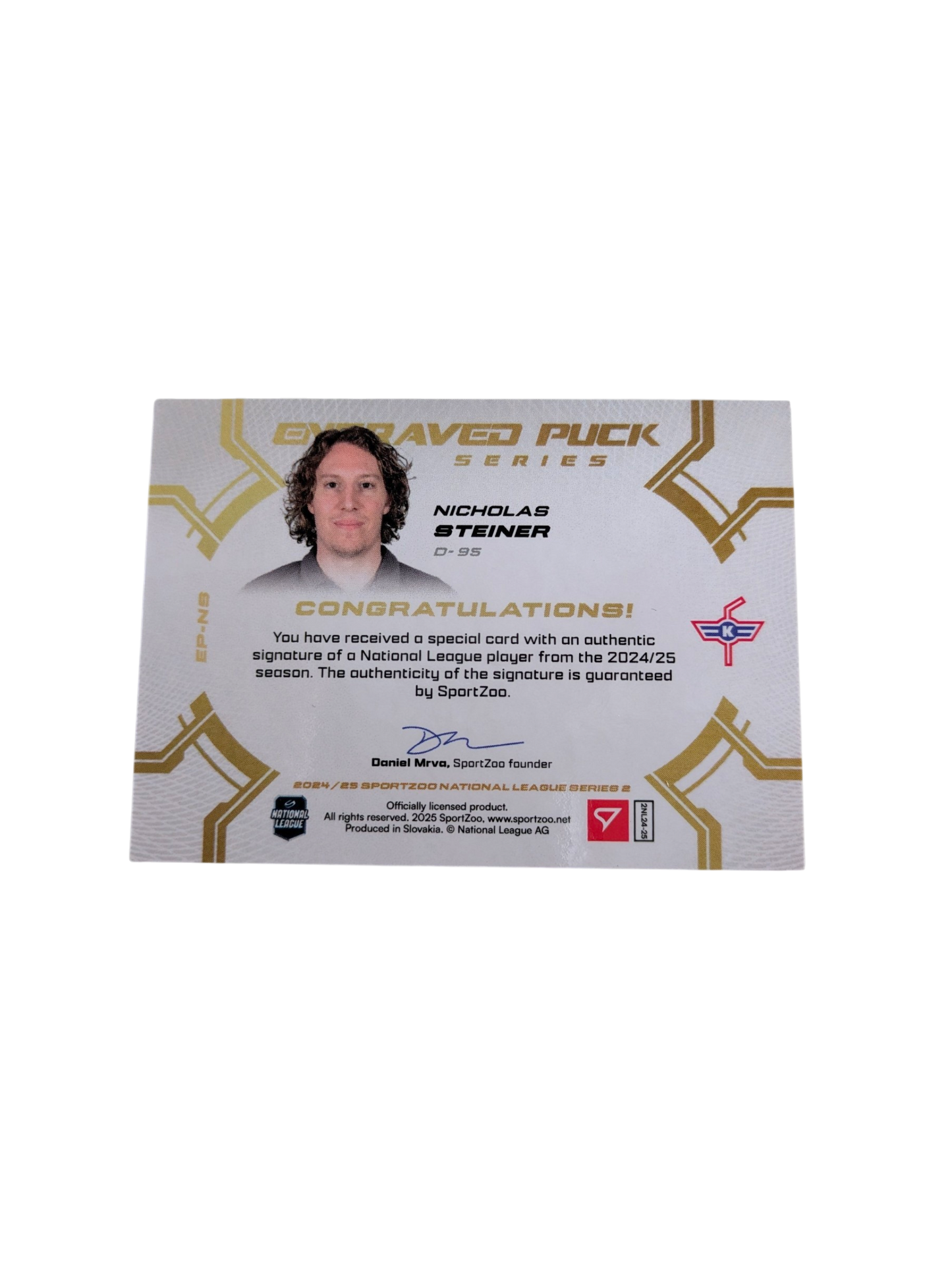 2025 SportZoo National League Series 2 Kloten Engraved Puck Nicholas Steiner /20 card