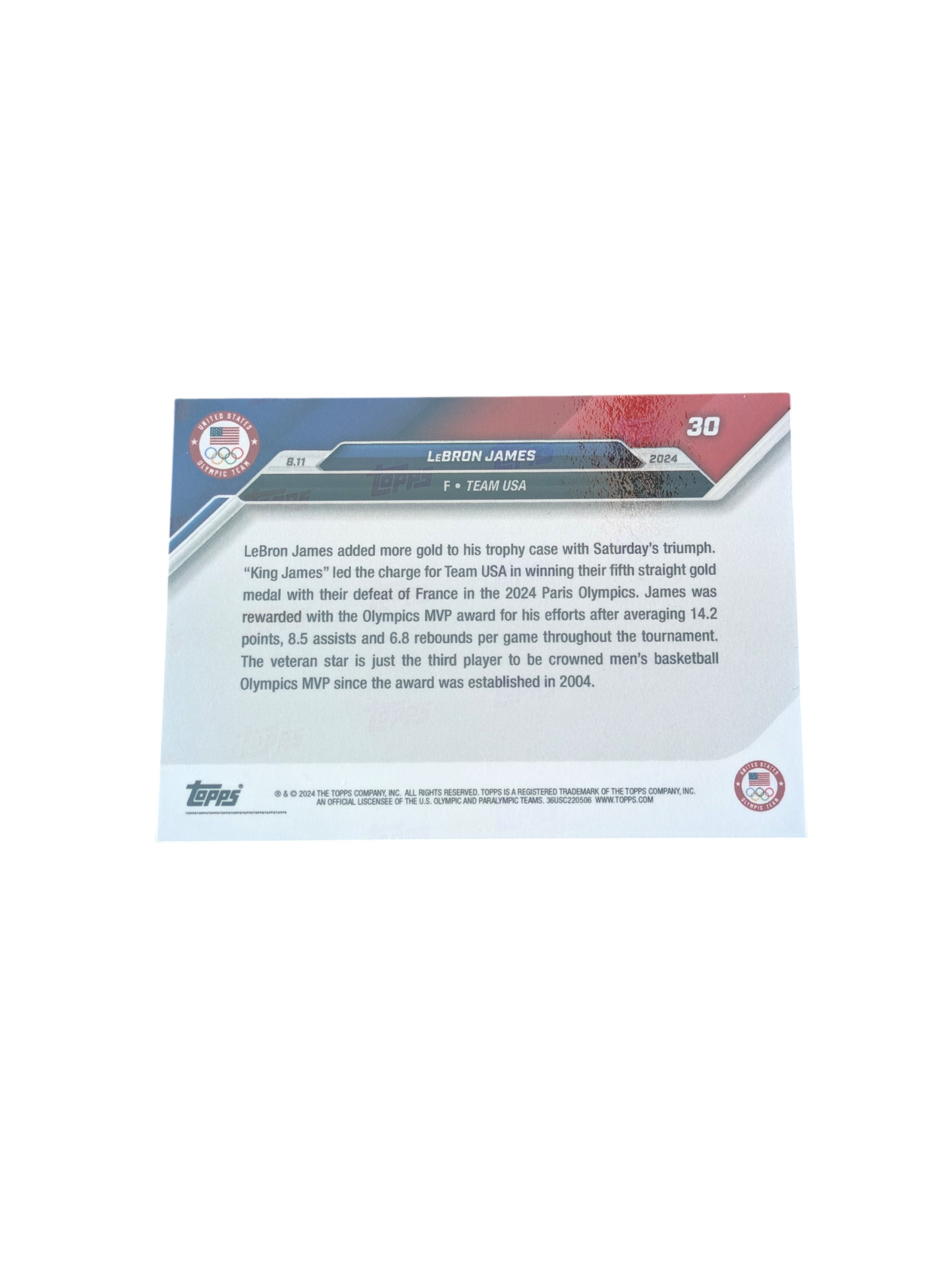 2024 Topps Now Team USA LeBron James #30 card