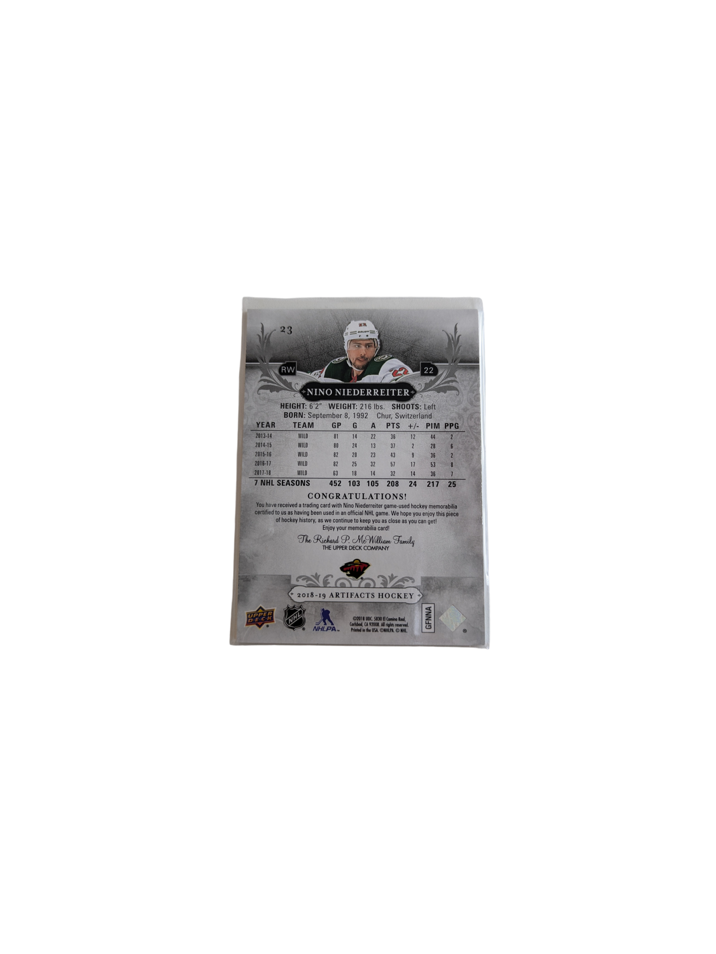 2018 Upper Deck Artifacts Minnesota Wild Nino Niederreiter Jersey Patch card