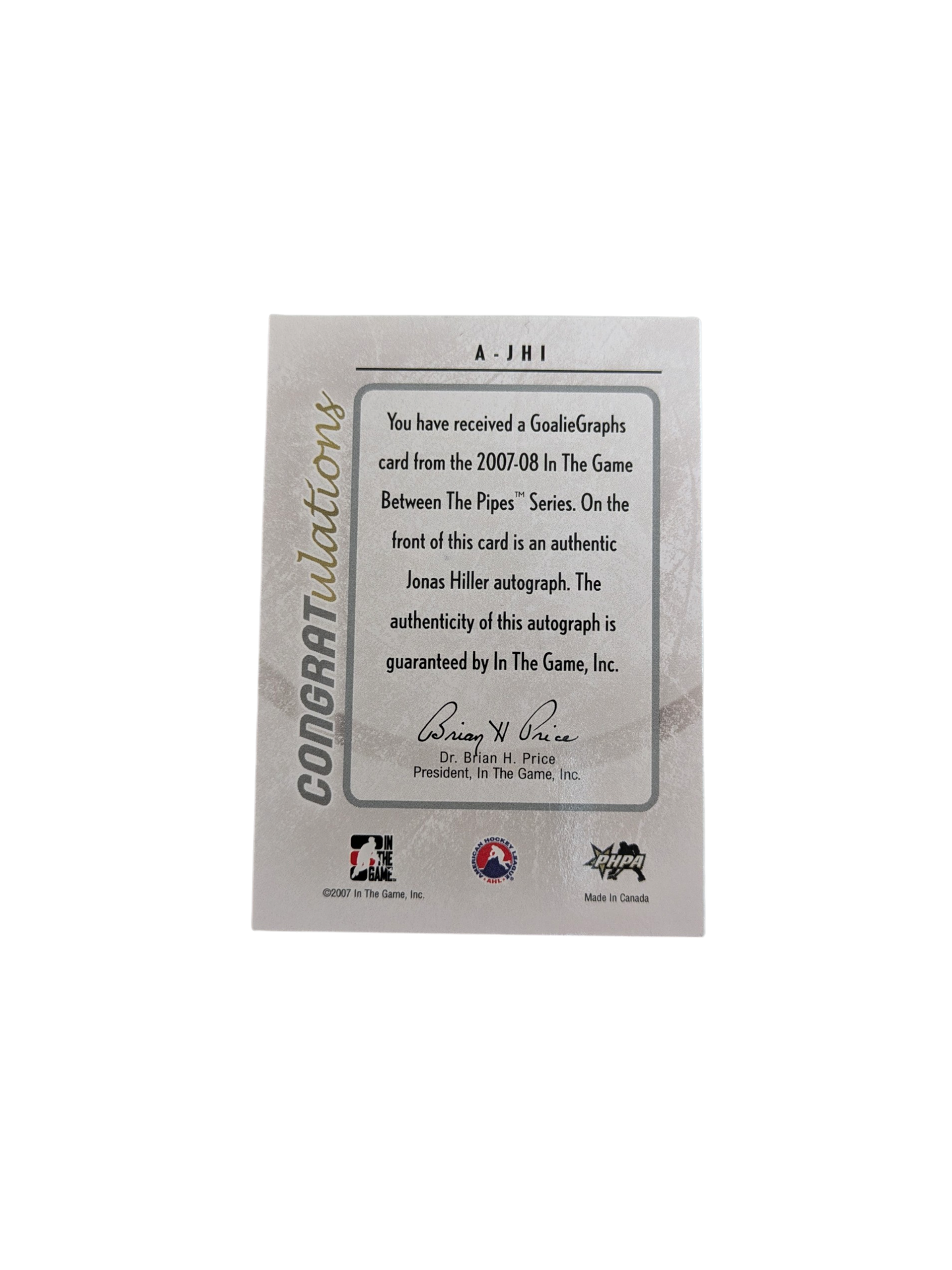 2007-08 In The Game Jonas Hiller Between The Pipes Auto card